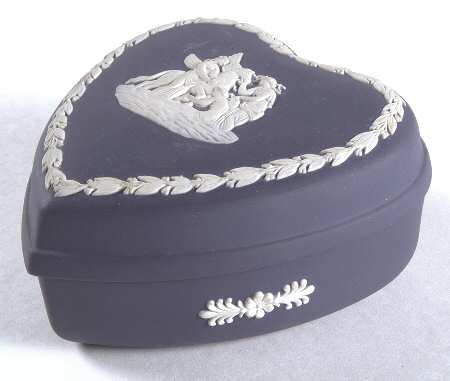 Cream Color on Portland Blue Jasperware Large Heart Shape Box with Lid
