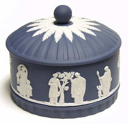 Cream Color on Portland Blue Jasperware Round Aphrodite Box with Lid