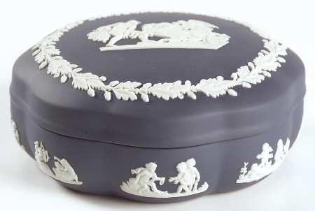 Cream Color on Portland Blue Jasperware Large Scalloped Candy Box & Lid