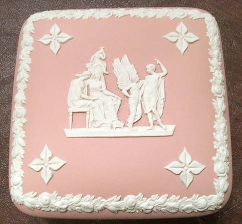 Cream Color on Pink Jasperware Square Box with Lid