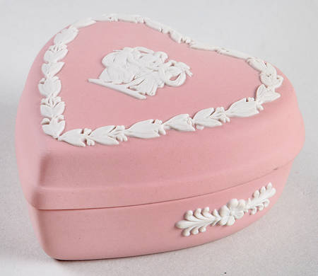 Cream Color on Pink Jasperware Heart Shape Box & Lid