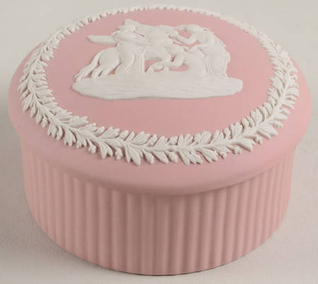 Cream Color on Pink Jasperware 2" Round Fluted Box & Lid