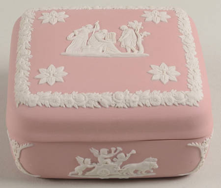 Cream Color on Pink Jasperware Square Box & Lid