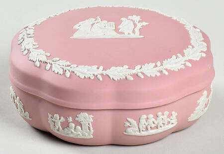 Cream Color on Pink Jasperware Large Scalloped Candy Box & Lid