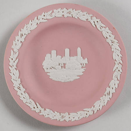 Cream Color on Pink Jasperware Round Landmark Tray