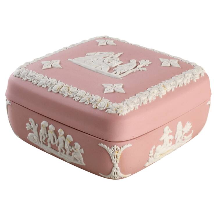 Cream Color on Pink Jasperware Square Box with Lid