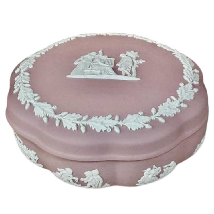 Cream Color on Pink Jasperware Large Scalloped Candy Box & Lid