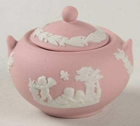 Cream Color on Pink Jasperware Miniature Sugar Bowl & Lid