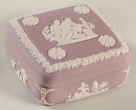 Cream Color on Pink Jasperware Square Box with Lid