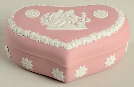 Cream Color on Pink Jasperware Heart Shape Box & Lid