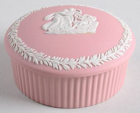 Cream Color on Pink Jasperware 3" Fluted Round Box & Lid