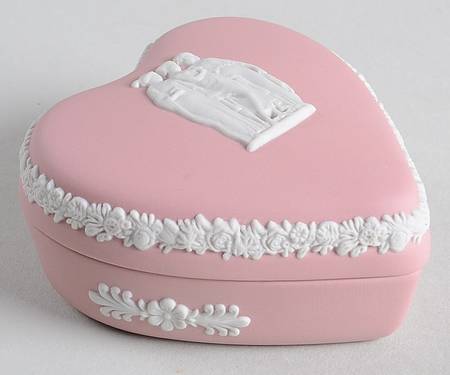 Cream Color on Pink Jasperware Heart Shape Box & Lid