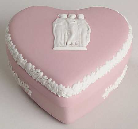 Cream Color on Pink Jasperware Small Heart Shape Box & Lid
