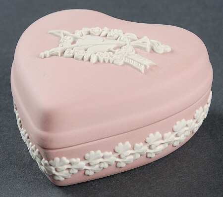 Cream Color on Pink Jasperware Small Heart Shape Box & Lid