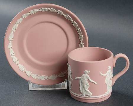 Cream Color on Pink Jasperware Flat Demitasse Cup & Saucer Set