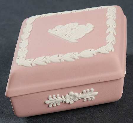 Cream Color on Pink Jasperware Diamond Shaped Box with Lid