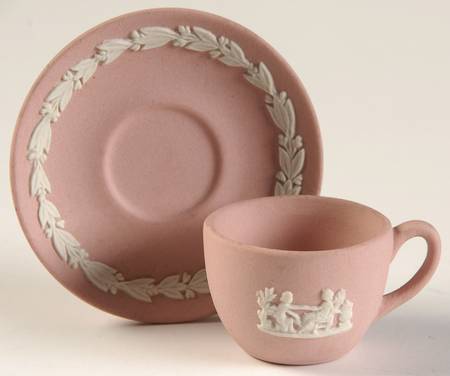 Cream Color on Pink Jasperware Miniature Cup and Saucer Set