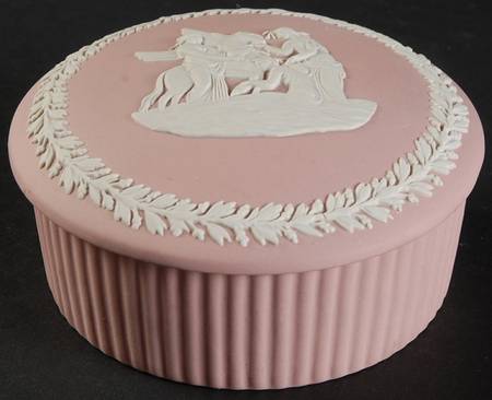 Cream Color on Pink Jasperware 1" Fluted Round Box W/Lid