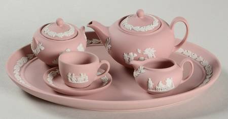 Cream Color on Pink Jasperware 8-Piece Miniature Tea Set
