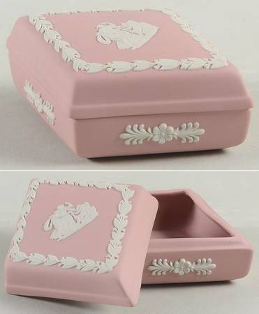 Cream Color on Pink Jasperware Diamond Shaped Box with Lid
