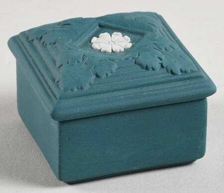 Cream Color on Spruce Green Jasperware Square Miniature Box
