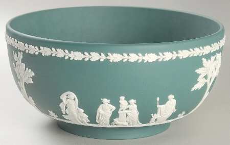 Cream Color on Spruce Green Jasperware Round Sacrifice Bowl