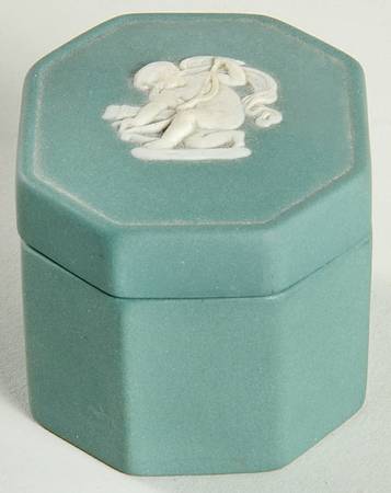Cream Color on Spruce Green Jasperware Octagonal Box & Lid