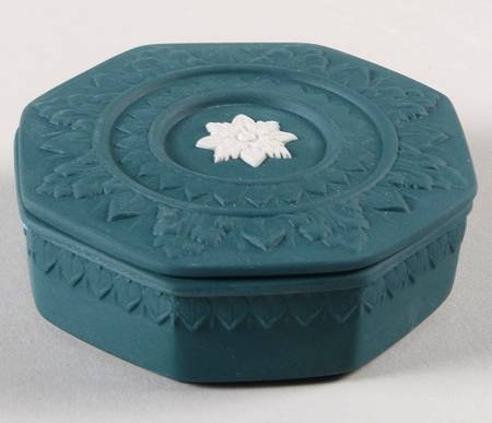 Cream Color on Spruce Green Jasperware Octagonal Box & Lid