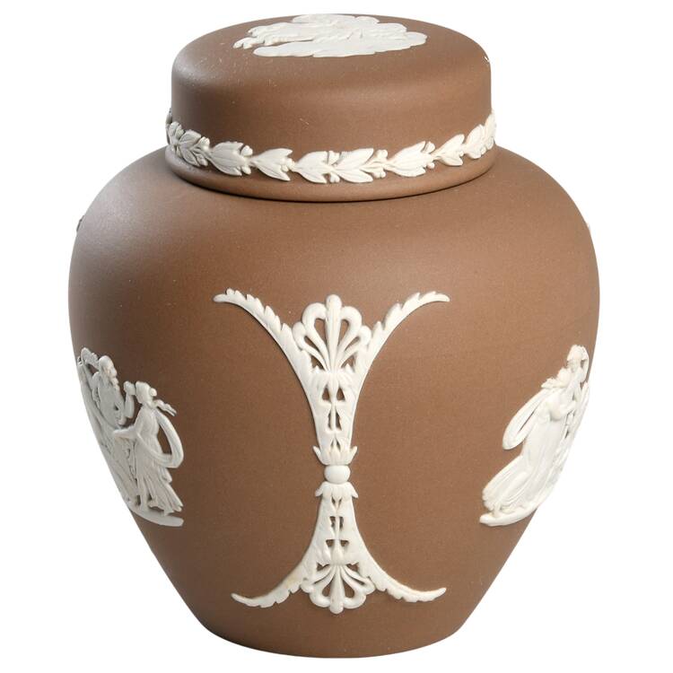 Cream Color on Taupe (Brown) Jasperware Small Ginger Jar & Lid