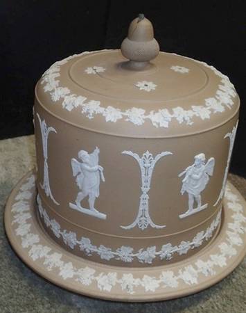 Cream Color on Taupe (Brown) Jasperware Round Cheese Dish & Lid