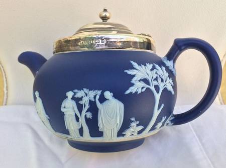 Cream Color on Wedgwood Blue Jasperware Teapot with Hinged Metal Lid