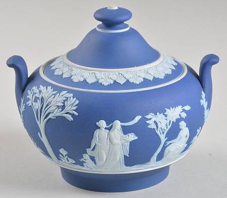 Cream Color on Wedgwood Blue Jasperware Sugar Bowl & Lid