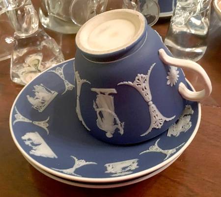 Cream Color on Wedgwood Blue Jasperware Footed Cup & Saucer Set