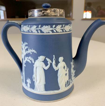 Cream Color on Wedgwood Blue Jasperware Small Teapot & Lid