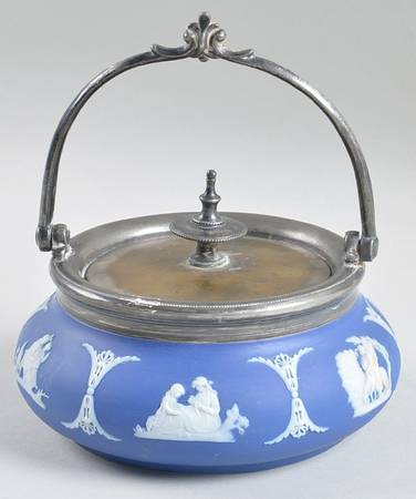 Cream Color on Wedgwood Blue Jasperware Sugar Bowl & Metal Lid