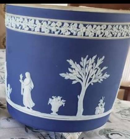 Cream Color on Wedgwood Blue Jasperware 8" Jardiniere