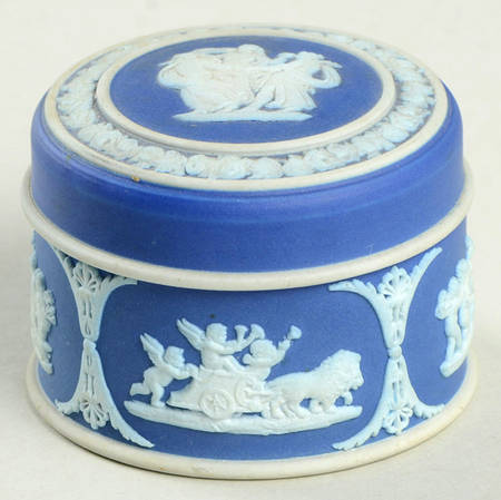 Cream Color on Wedgwood Blue Jasperware 2" Round Box & Lid