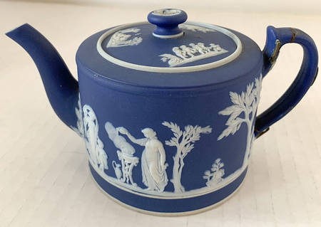 Cream Color on Wedgwood Blue Jasperware Individual Teapot & Lid