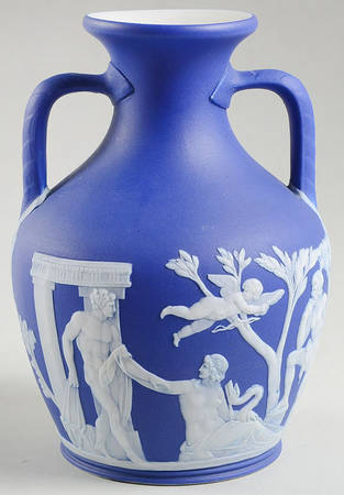 Cream Color on Wedgwood Blue Jasperware 7" Two Handled Portland Vase