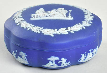 Cream Color on Wedgwood Blue Jasperware Large Scalloped Candy Box & Lid