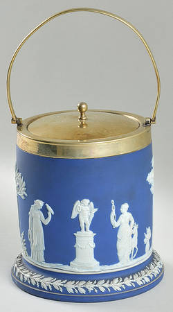 Cream Color on Wedgwood Blue Jasperware Biscuit Barrel & Lid