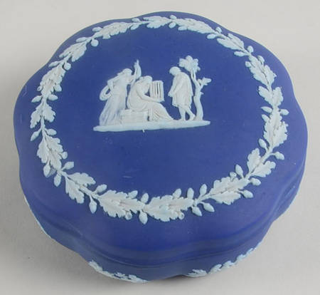 Cream Color on Wedgwood Blue Jasperware Large Scalloped Candy Box & Lid