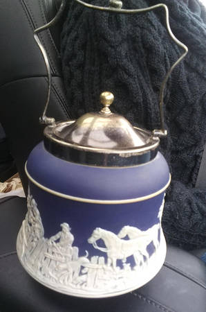 Cream Color on Wedgwood Blue Jasperware Biscuit Barrel & Lid