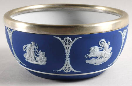 Cream Color on Wedgwood Blue Jasperware 7" Salad Serving Bowl W/Metal Rim