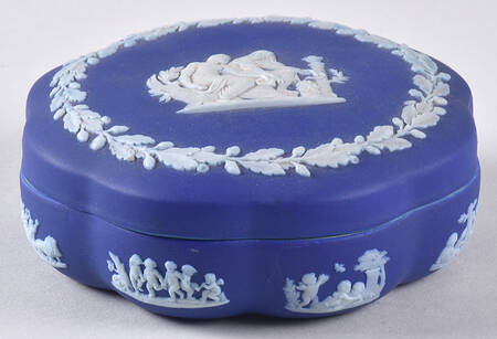 Cream Color on Wedgwood Blue Jasperware Large Scalloped Candy Box & Lid