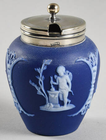 Cream Color on Wedgwood Blue Jasperware Mustard Jar with Hinged Metal Lid