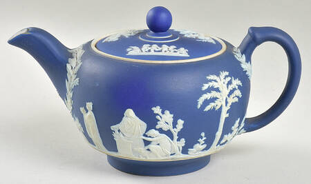 Cream Color on Wedgwood Blue Jasperware Individual Teapot & Lid