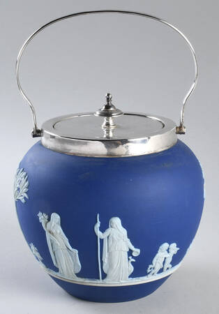 Cream Color on Wedgwood Blue Jasperware Biscuit Barrel & Lid