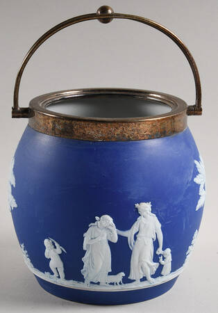 Cream Color on Wedgwood Blue Jasperware Biscuit Barrel No Lid