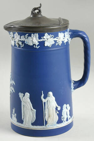 Cream Color on Wedgwood Blue Jasperware 7" Large Trojan Jug with Metal Lid